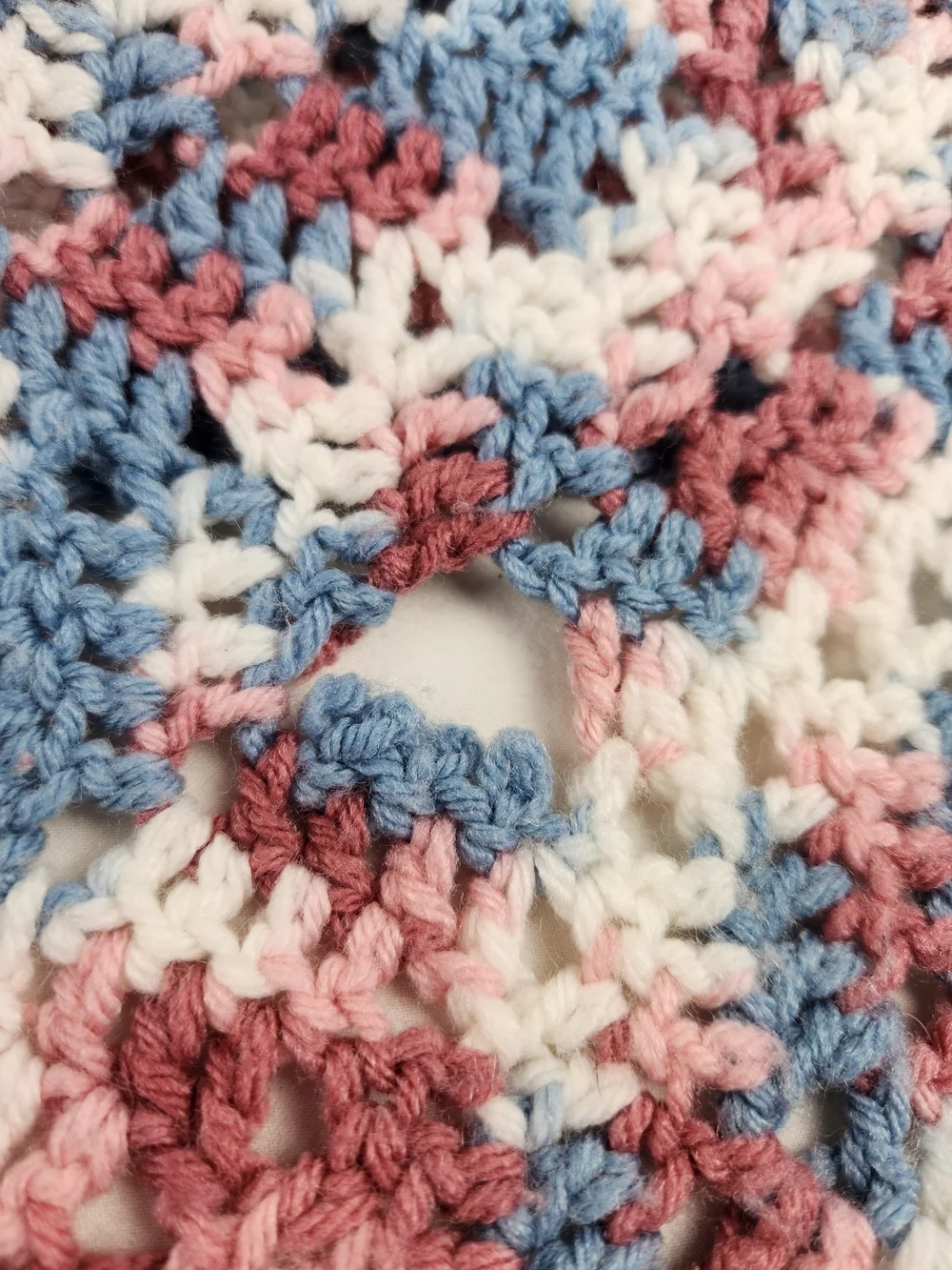 Handmade Crochet Throw Blanket Pink Blue White Fringe Granny 34x80  See Descript